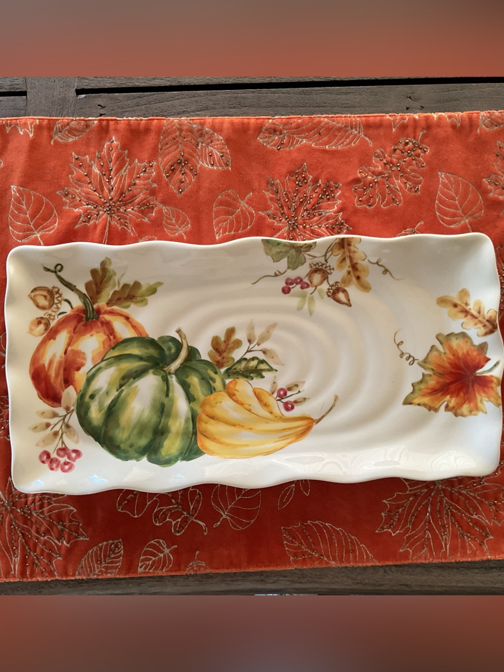 Maxcera 17” Extra Long Platter Decorated With Pumpkins, Leaves, & Acorns